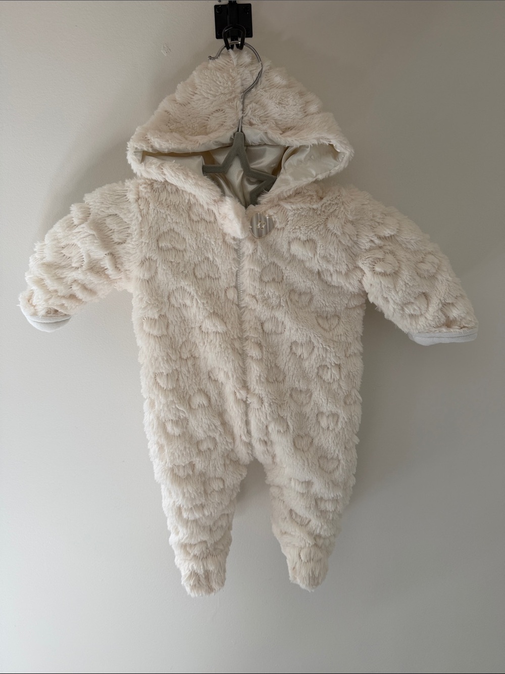 Cream Plush Hooded Footed One-Piece for Babies